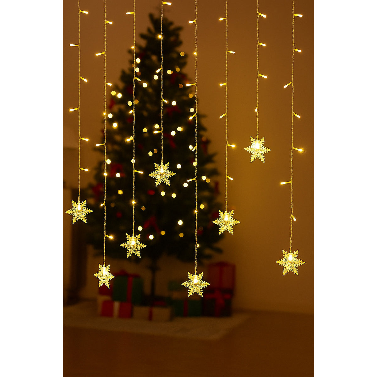 Snowflake Curtain Lights – hanging snowflake strands, warm white LED, plug-in