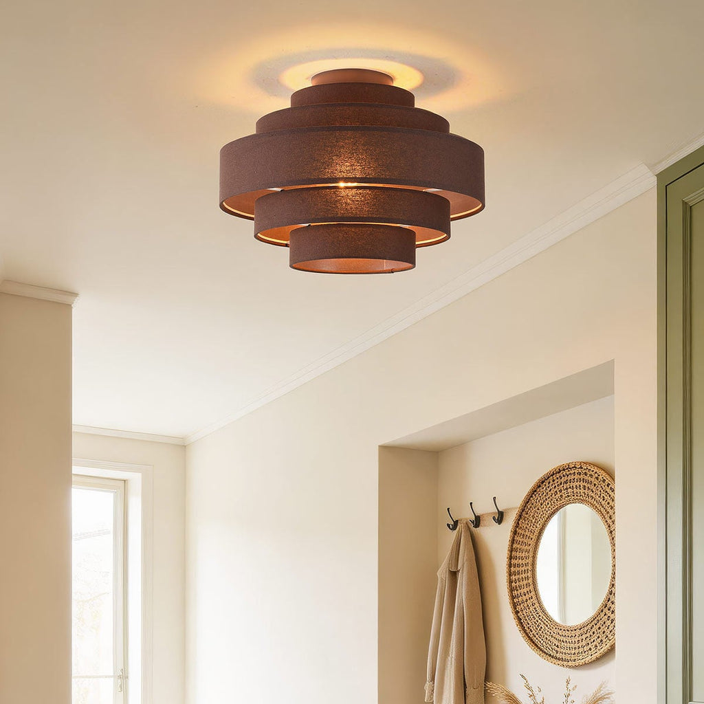 Tiered Fabric Ceiling Light – dark brown layered shade, low profile