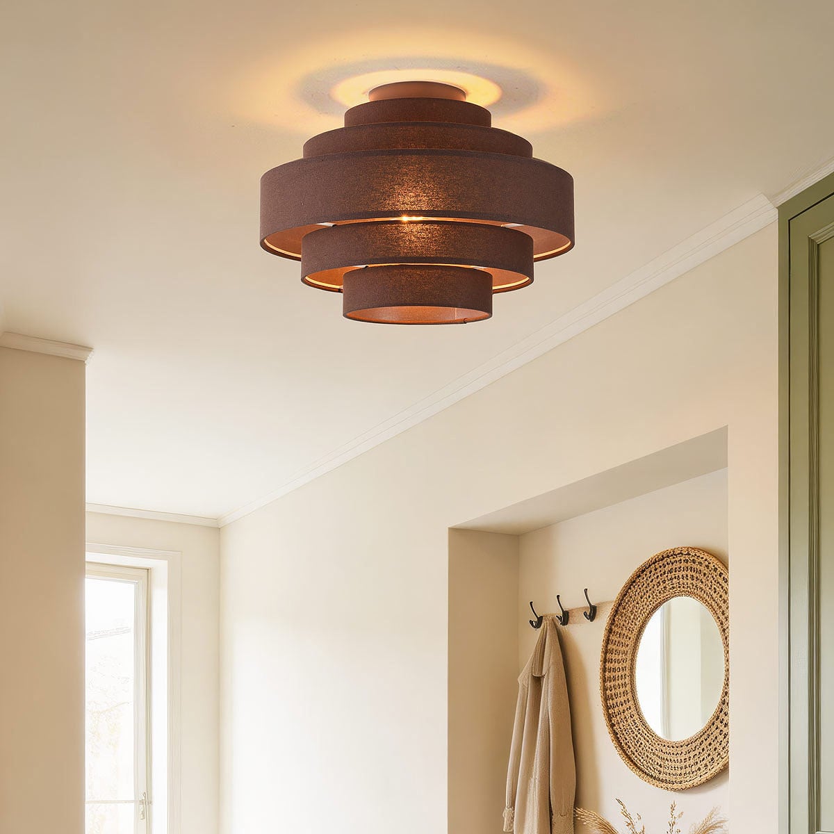 Tiered Fabric Ceiling Light – dark brown layered shade, low profile