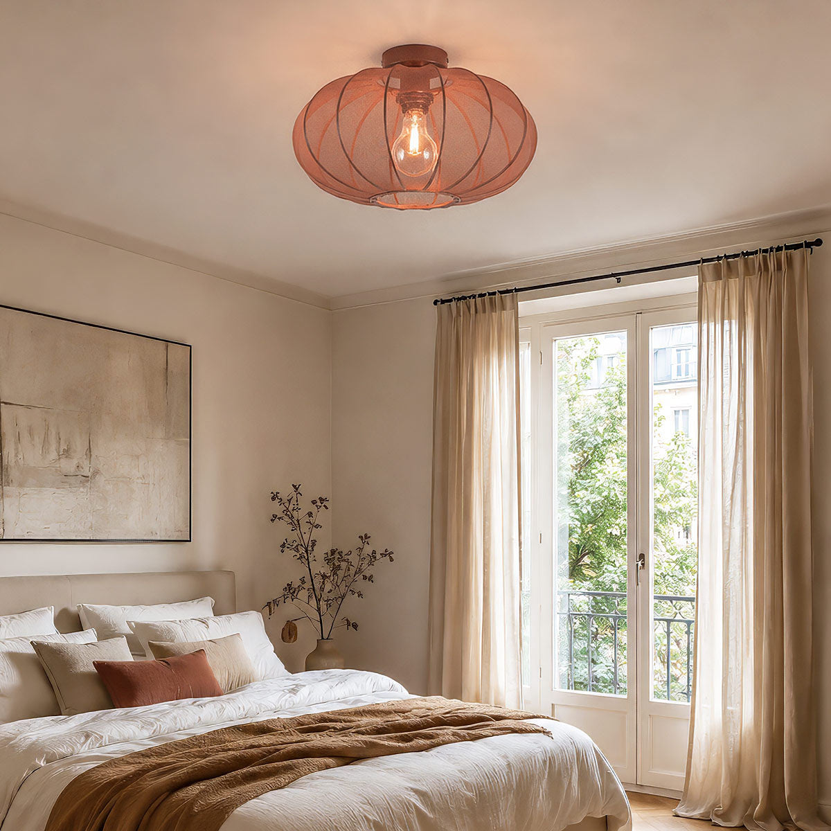 Round Mesh Ceiling Light – terracotta pink, sheer fabric panels, open base