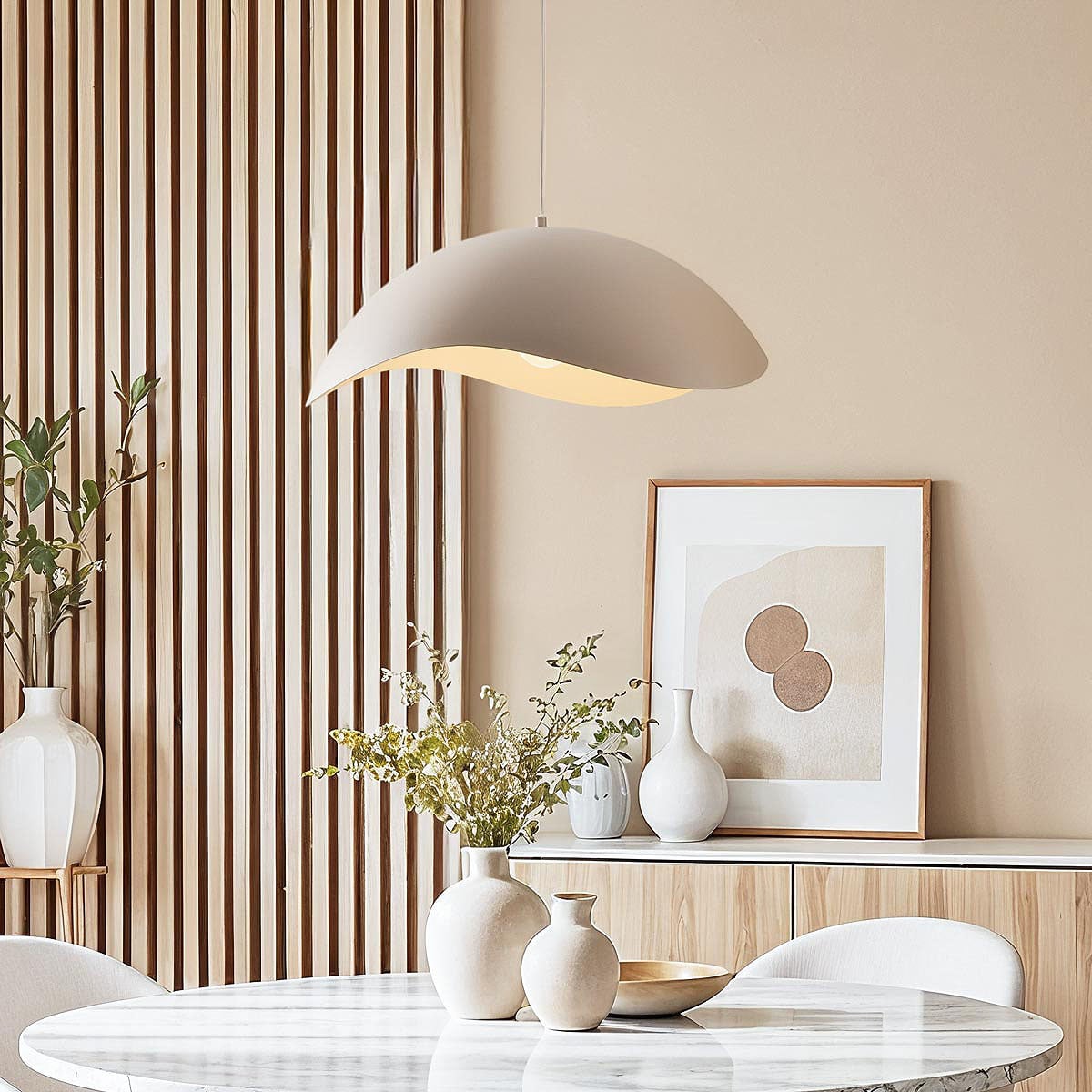 Wave Pendant Light – organic metal shade, sand taupe, adjustable cord