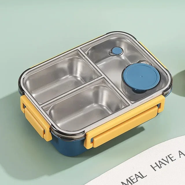 Stainless Steel Bento Lunch Box – three compartments, sauce pot, clip-lock lid