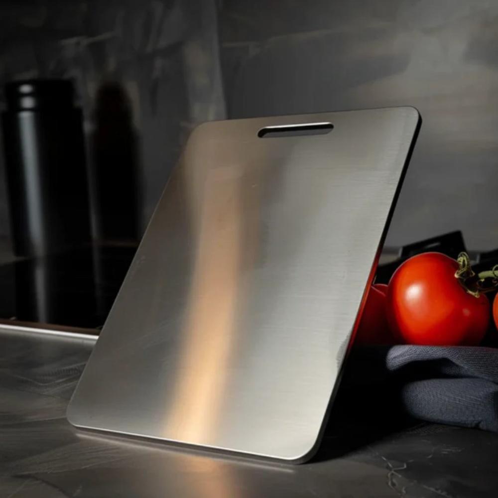 Stainless Steel Chopping Board – non-porous surface, hanging slot, knife friendly