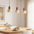 Travertine Pendant Light – three stone shades, wood accents, adjustable drop