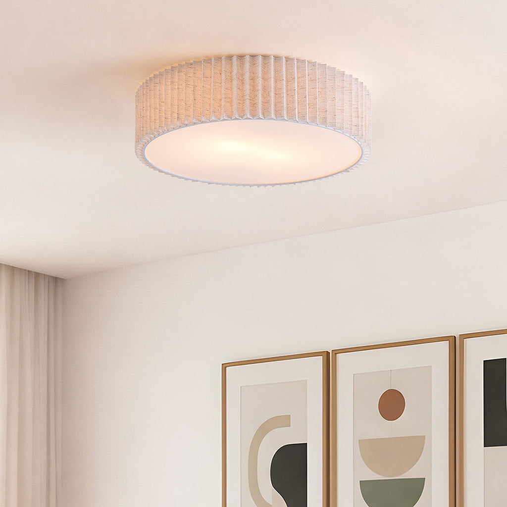 Pleated Flush Ceiling Light – textured off-white shade, diffuser, two bulbs