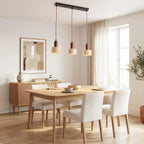 Travertine Pendant Light – three stone shades, wood accents, adjustable drop
