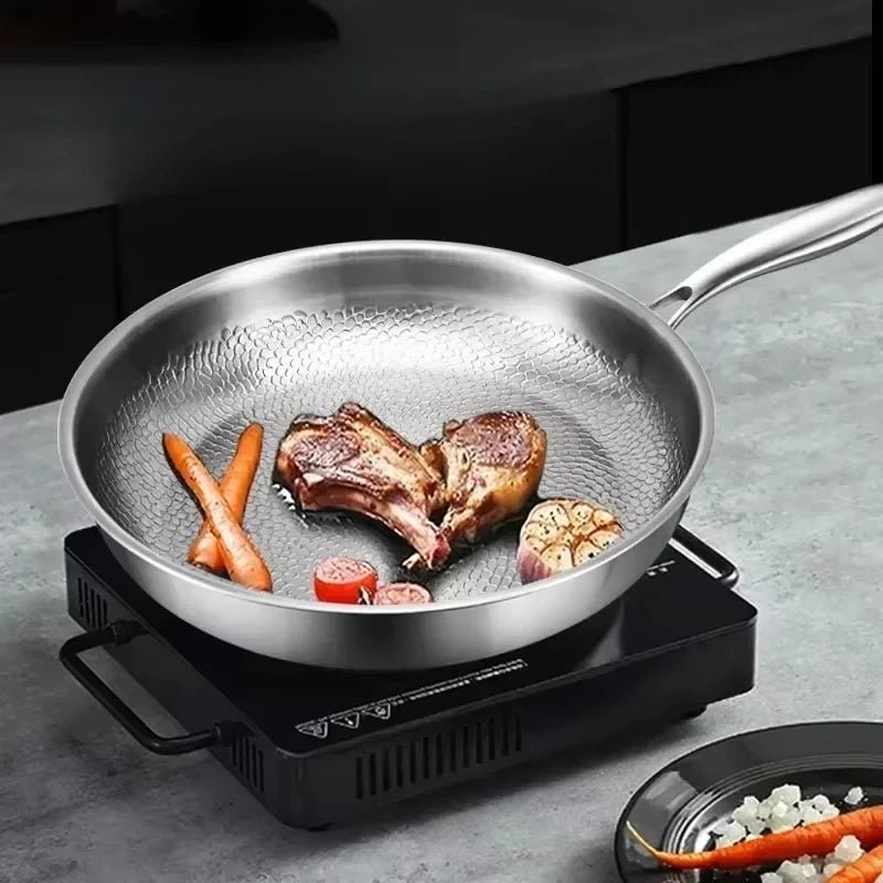 Stainless Steel Honeycomb Frying Pan – hammered non-stick surface, induction, hollow handle