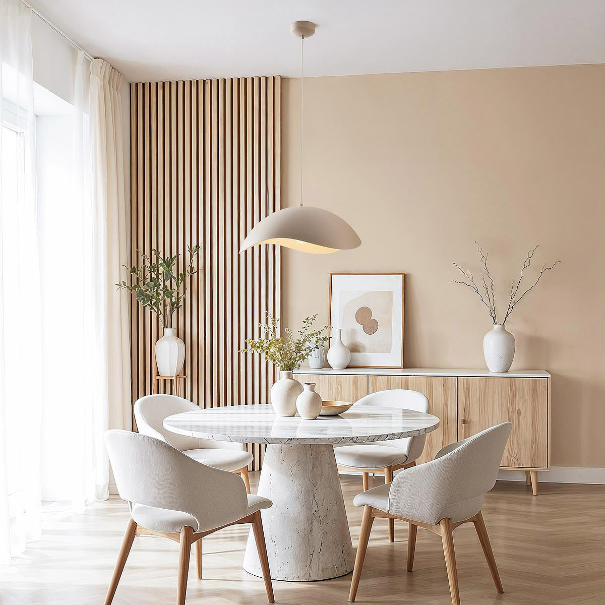 Wave Pendant Light – organic metal shade, sand taupe, adjustable cord