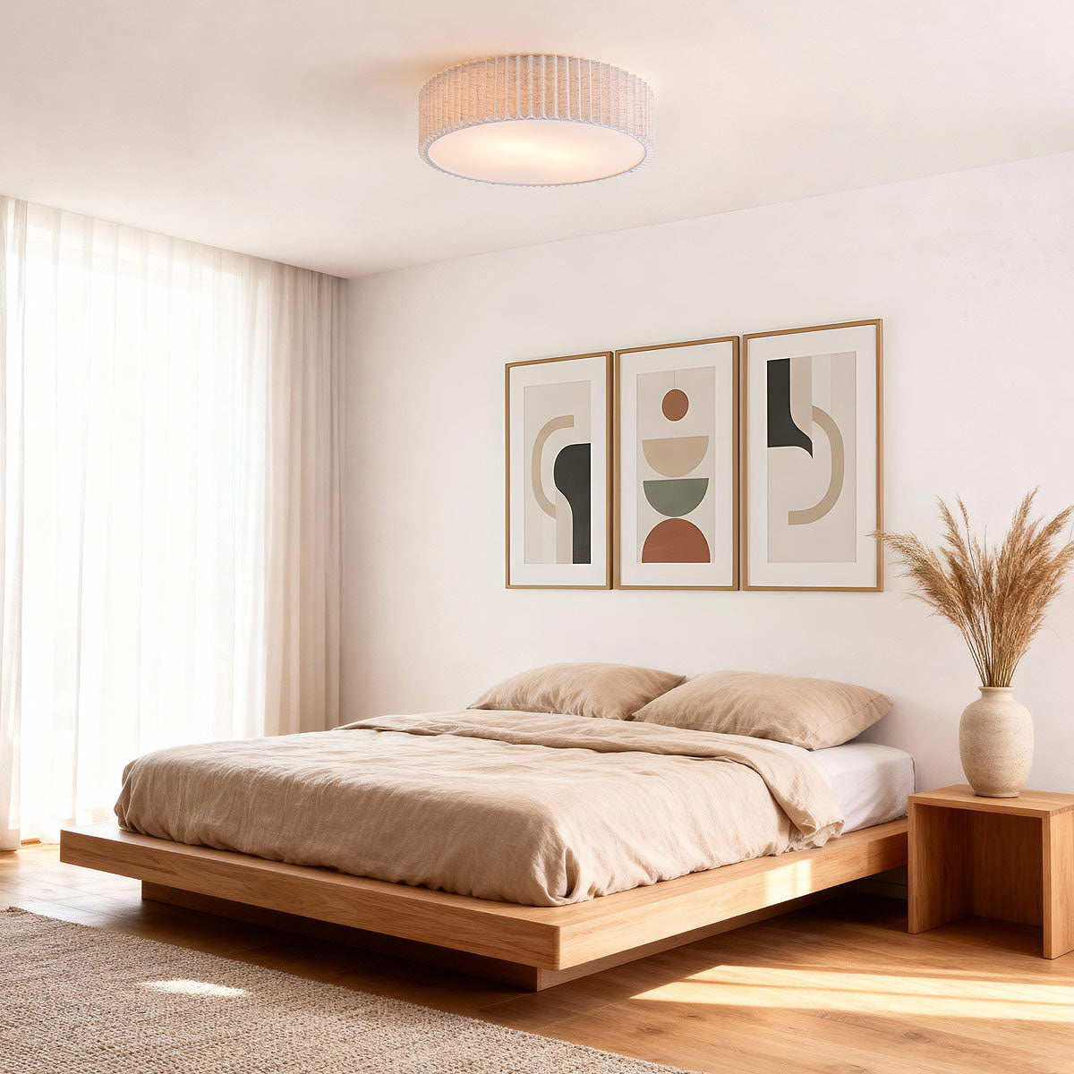 Pleated Flush Ceiling Light – textured off-white shade, diffuser, two bulbs