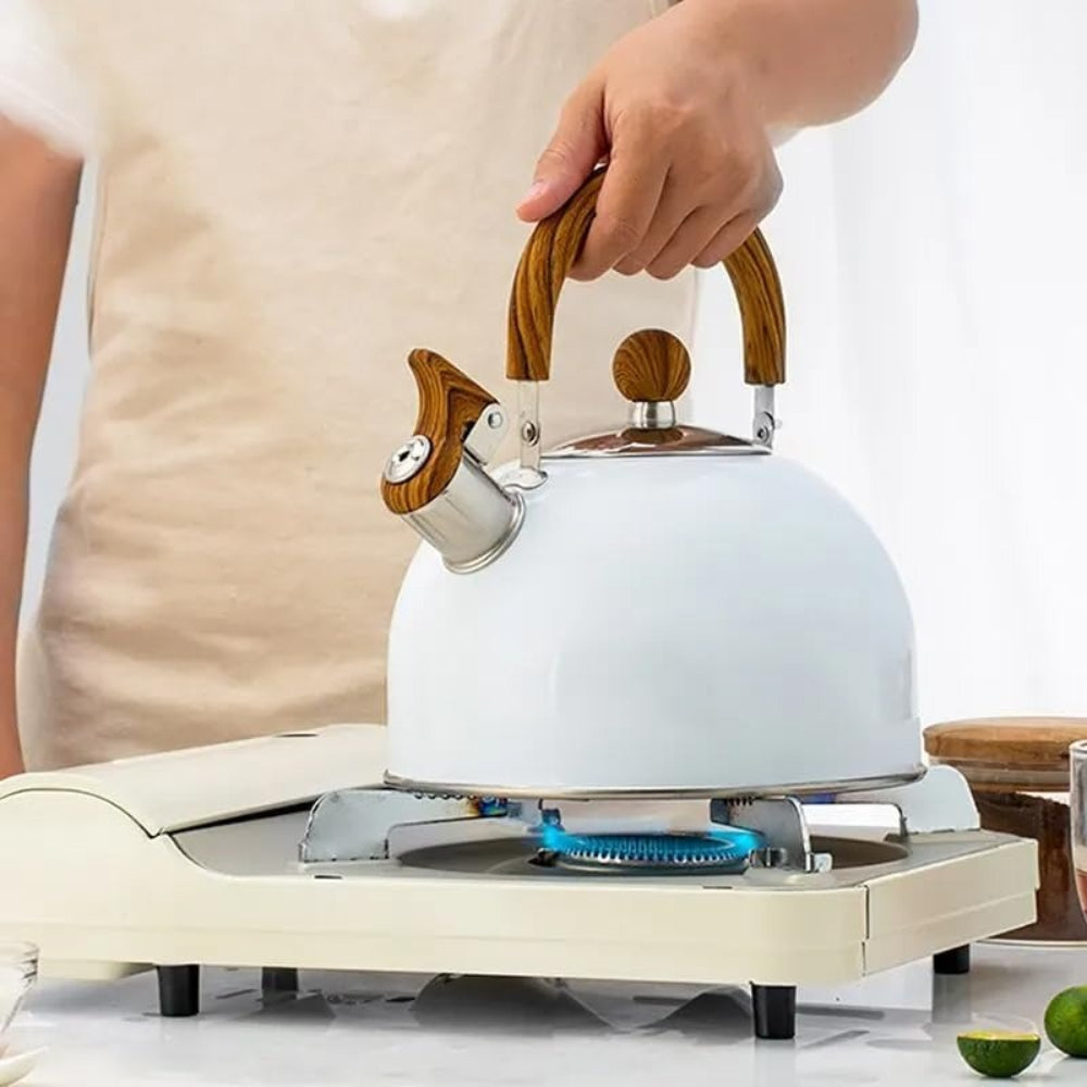 Whistling Stove Top Kettle – stainless steel, wood-effect handle, induction