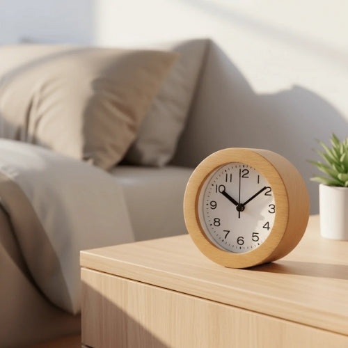 Silent Alarm Clock – beech look, round case, battery powered