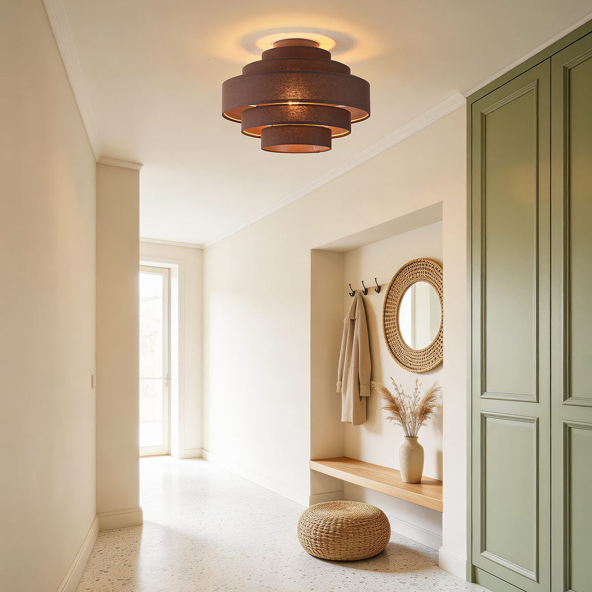 Tiered Fabric Ceiling Light – dark brown layered shade, low profile