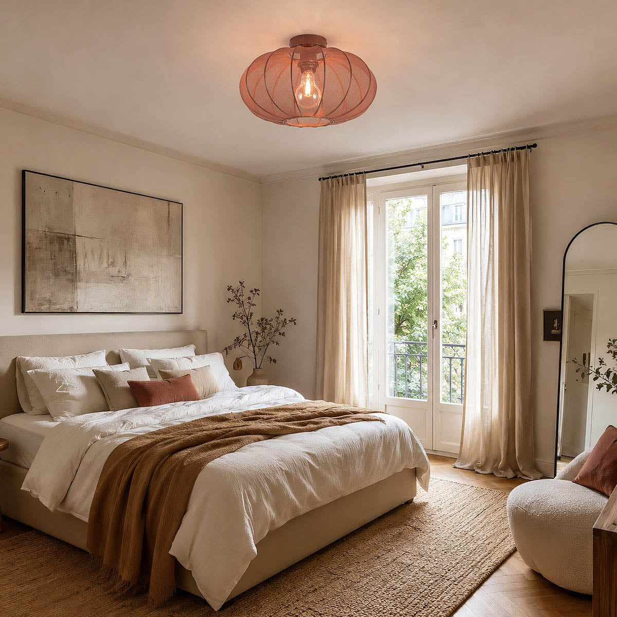 Round Mesh Ceiling Light – terracotta pink, sheer fabric panels, open base
