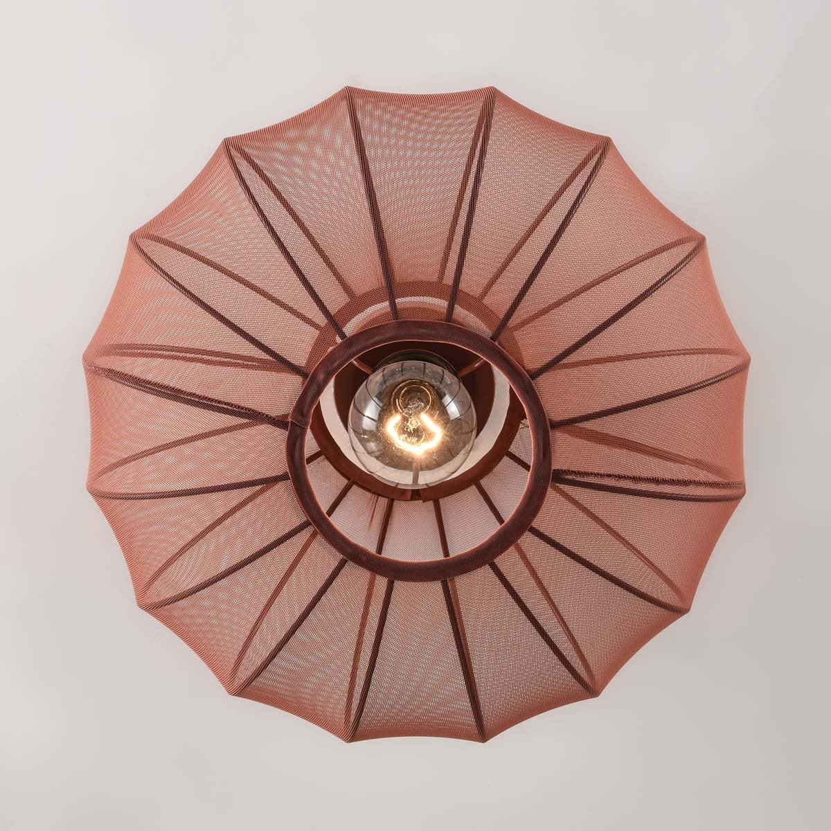 Round Mesh Ceiling Light – terracotta pink, sheer fabric panels, open base