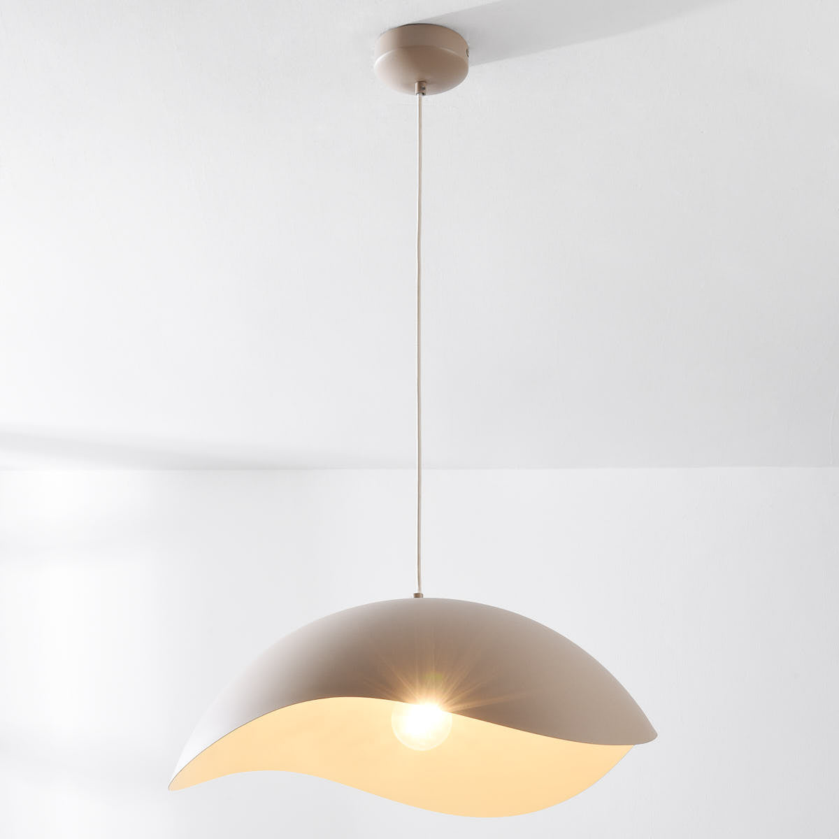 Wave Pendant Light – organic metal shade, sand taupe, adjustable cord