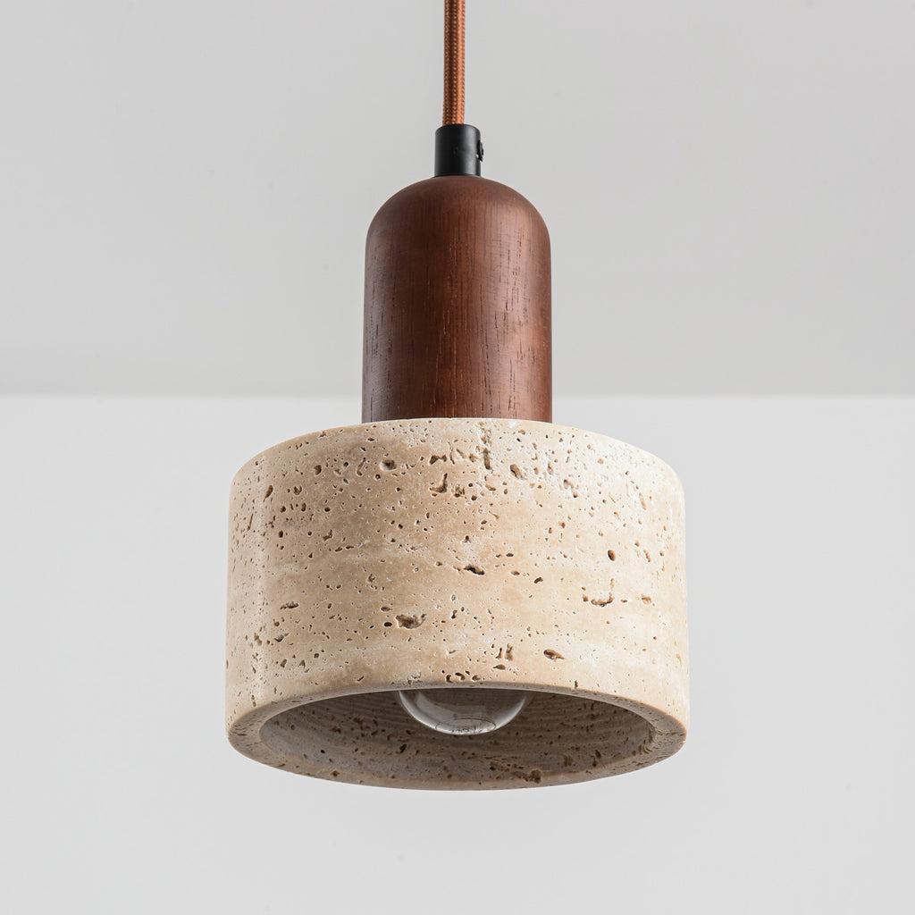 Travertine Pendant Light – three stone shades, wood accents, adjustable drop