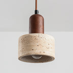 Travertine Pendant Light – three stone shades, wood accents, adjustable drop