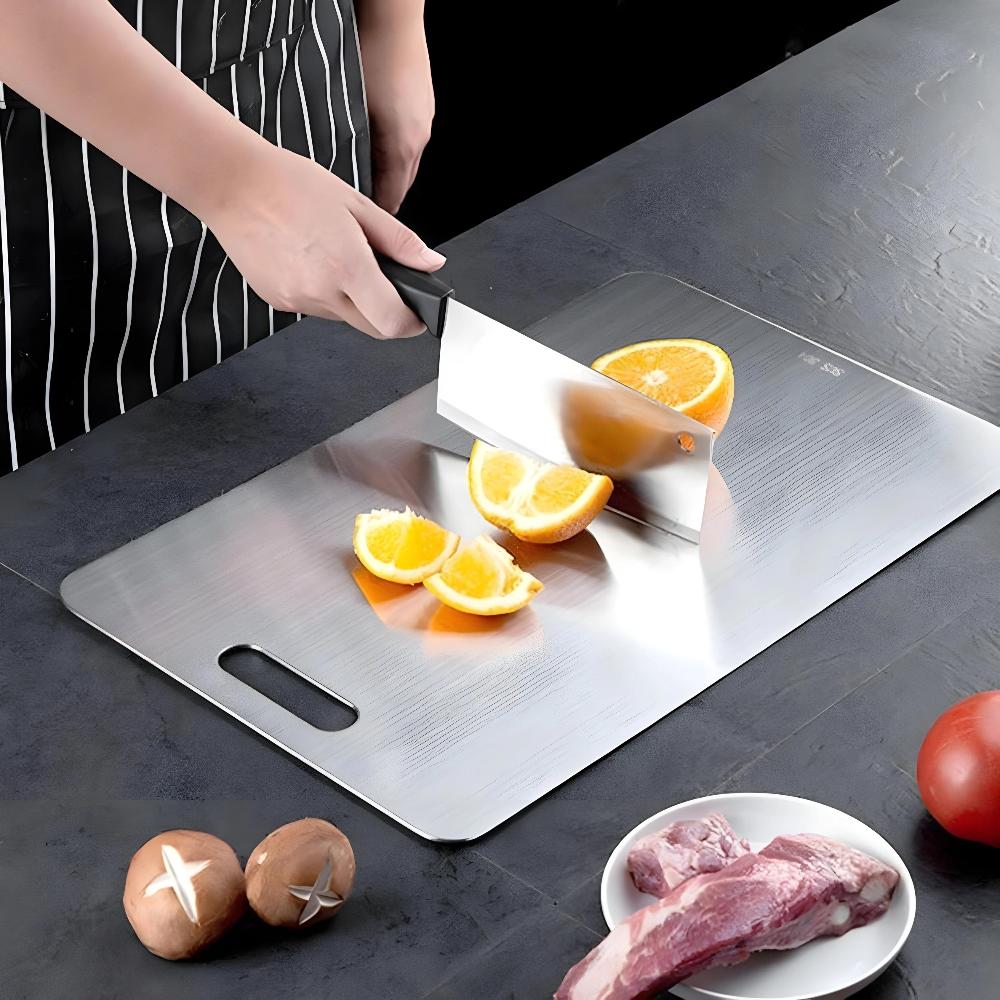 Stainless Steel Chopping Board – non-porous surface, hanging slot, knife friendly