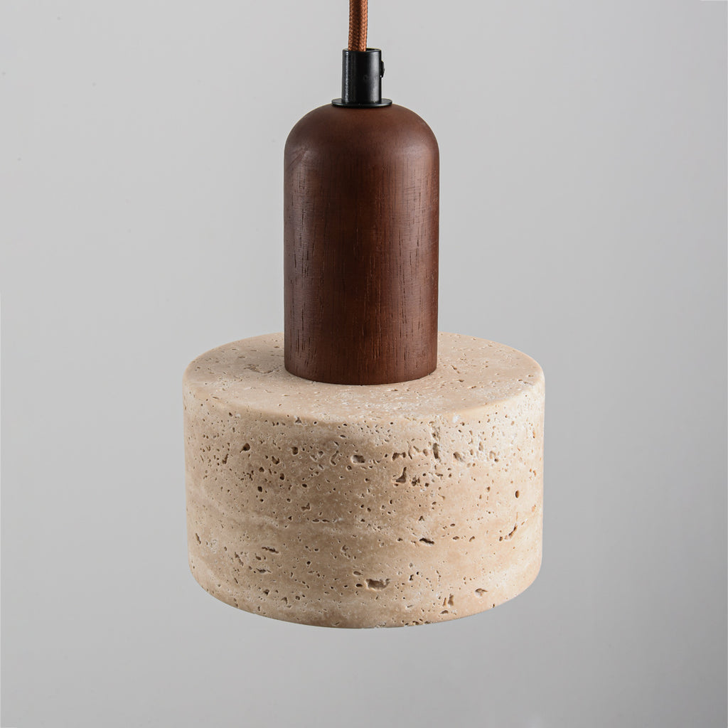 Travertine Pendant Light – three stone shades, wood accents, adjustable drop