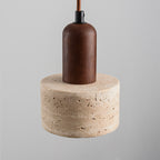 Travertine Pendant Light – three stone shades, wood accents, adjustable drop