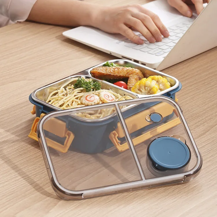 Stainless Steel Bento Lunch Box – three compartments, sauce pot, clip-lock lid