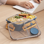 Stainless Steel Bento Lunch Box – three compartments, sauce pot, clip-lock lid