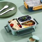 Stainless Steel Bento Lunch Box – three compartments, sauce pot, clip-lock lid