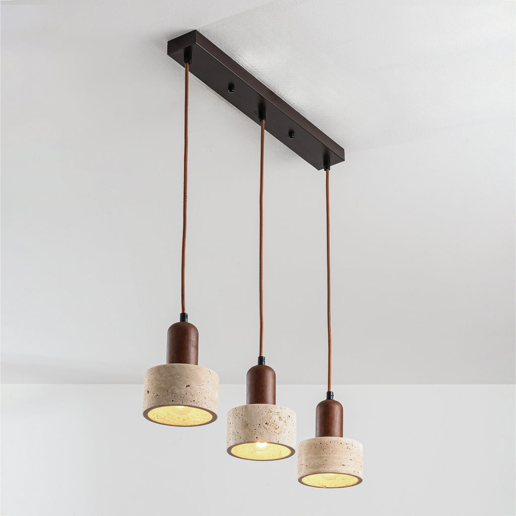 Travertine Pendant Light – three stone shades, wood accents, adjustable drop