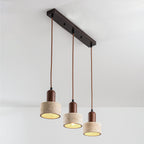 Travertine Pendant Light – three stone shades, wood accents, adjustable drop