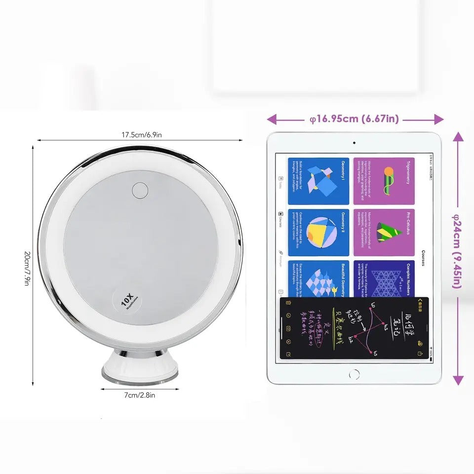 LED Makeup Mirror 10x – suction cup, three light colours