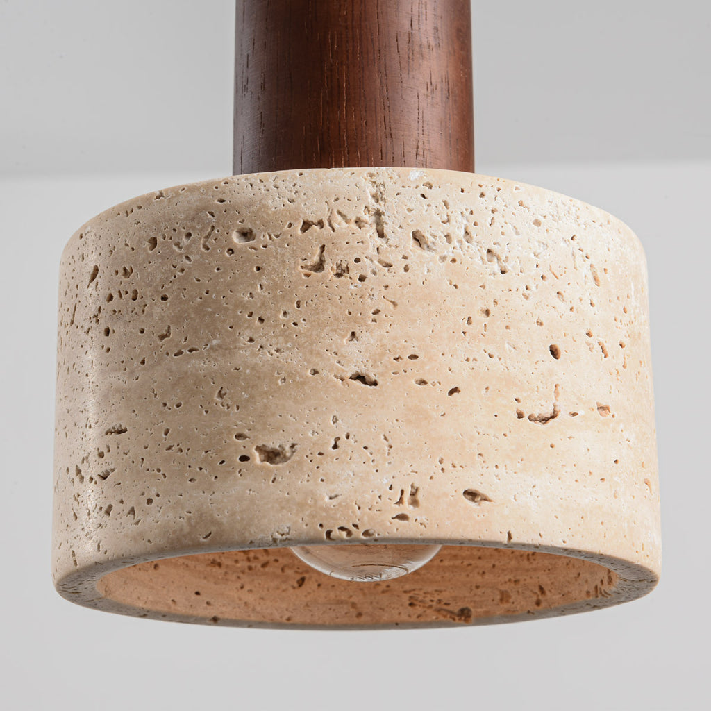 Travertine Pendant Light – three stone shades, wood accents, adjustable drop