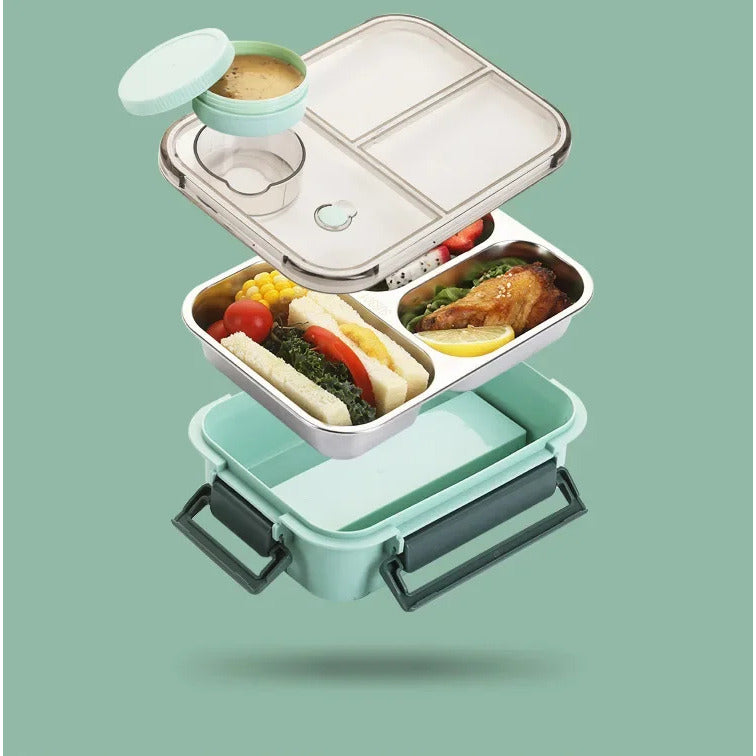 Stainless Steel Bento Lunch Box – three compartments, sauce pot, clip-lock lid