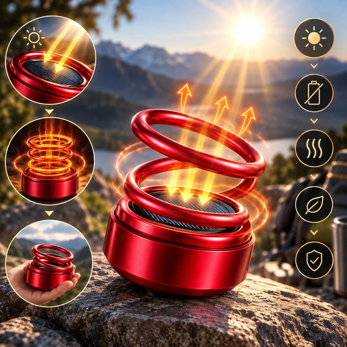 Solar Car Heater – rotating double rings, no cable, compact size