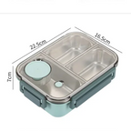 Stainless Steel Bento Lunch Box – three compartments, sauce pot, clip-lock lid