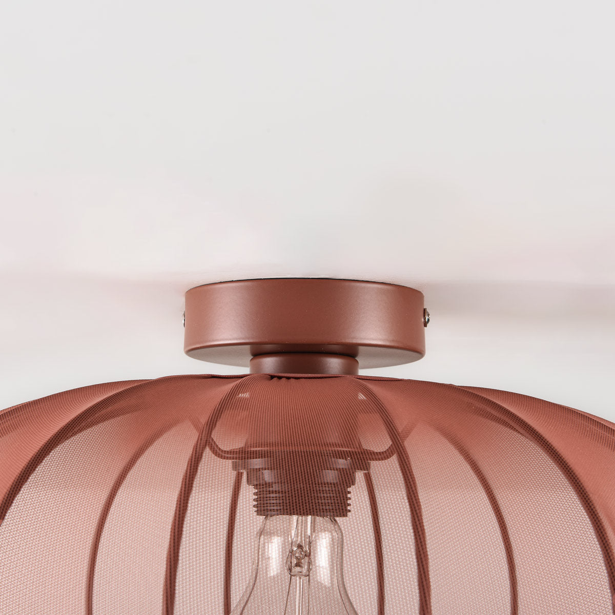 Round Mesh Ceiling Light – terracotta pink, sheer fabric panels, open base