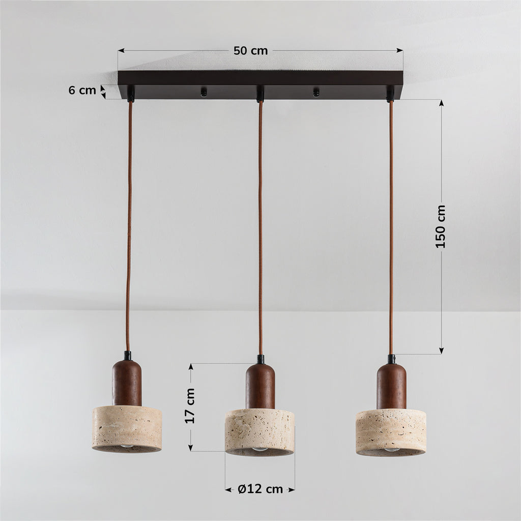 Travertine Pendant Light – three stone shades, wood accents, adjustable drop
