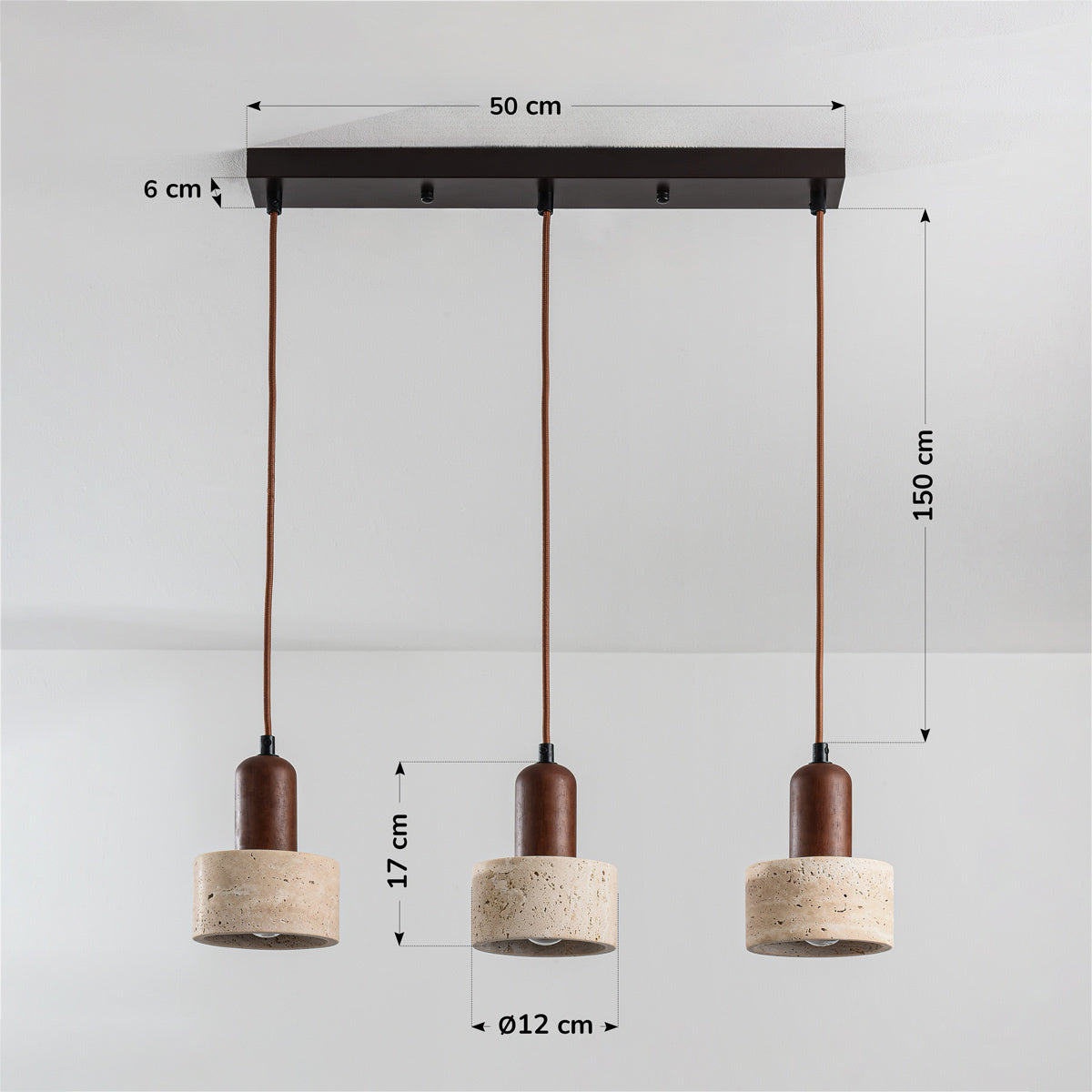Travertine Pendant Light – three stone shades, wood accents, adjustable drop
