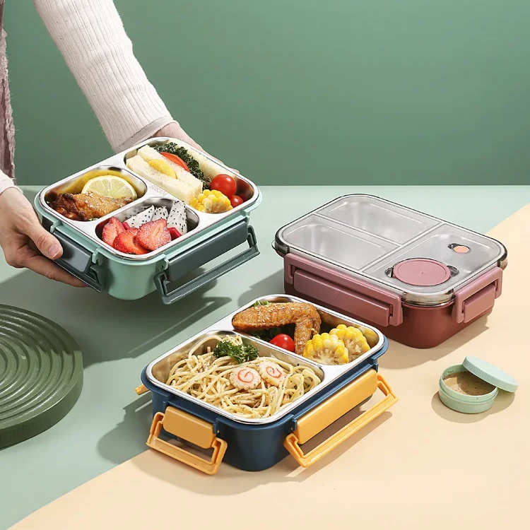 Stainless Steel Bento Lunch Box – three compartments, sauce pot, clip-lock lid