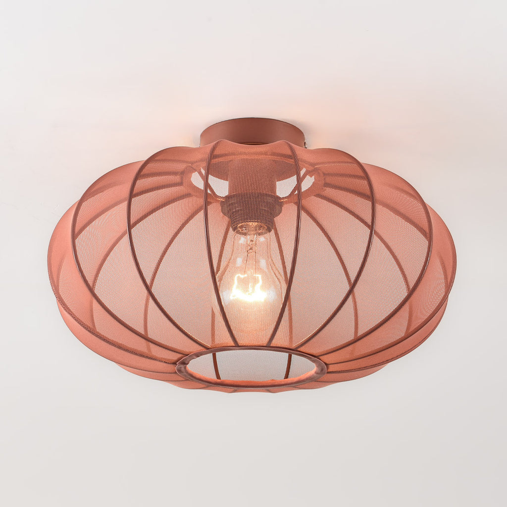 Round Mesh Ceiling Light – terracotta pink, sheer fabric panels, open base