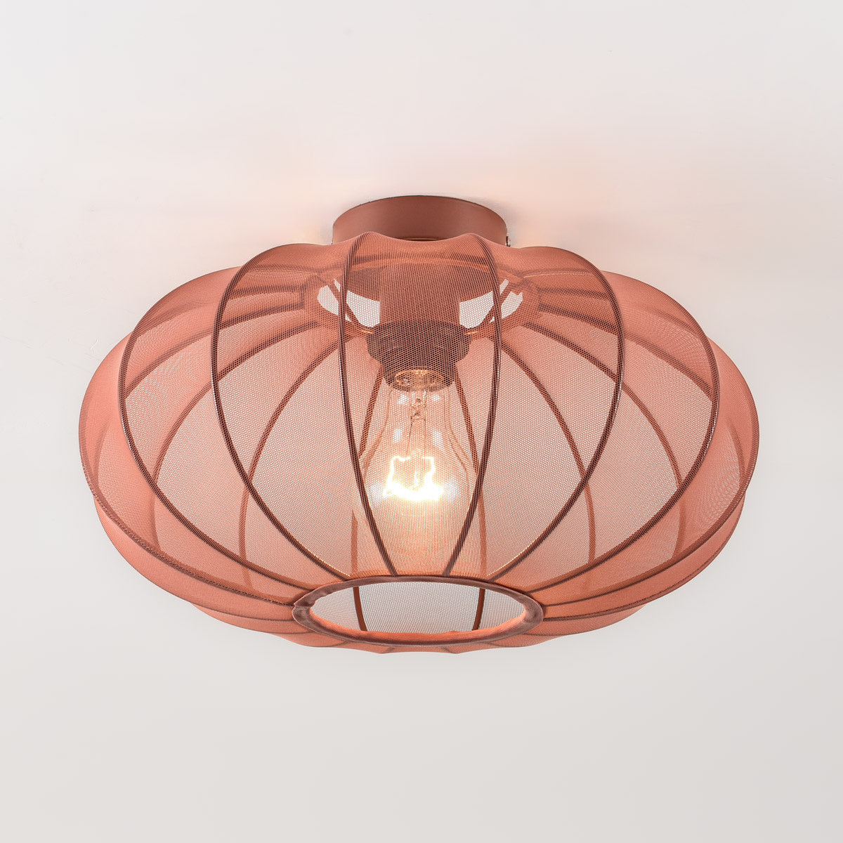 Round Mesh Ceiling Light – terracotta pink, sheer fabric panels, open base