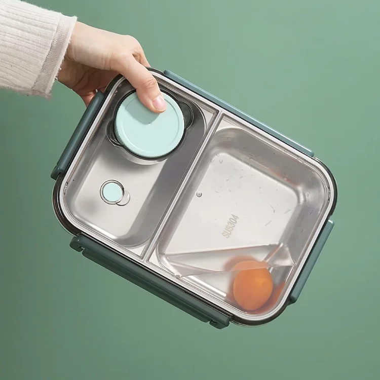 Stainless Steel Bento Lunch Box – three compartments, sauce pot, clip-lock lid