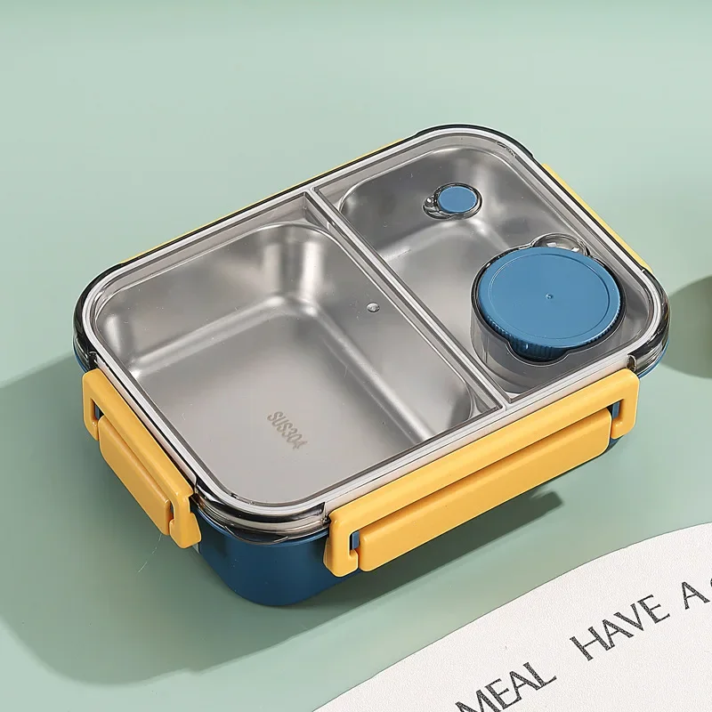 Stainless Steel Bento Lunch Box – three compartments, sauce pot, clip-lock lid