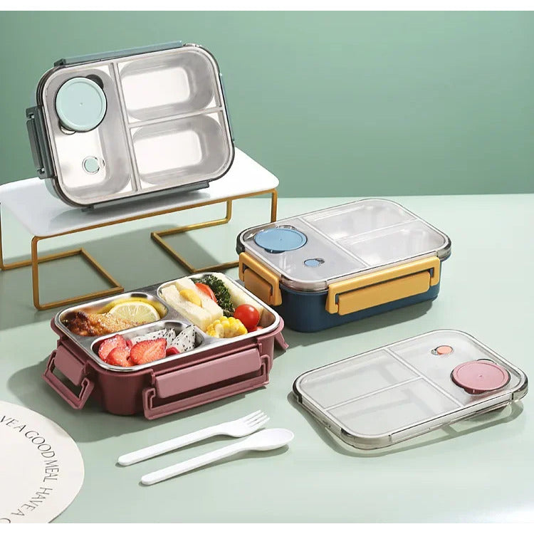 Stainless Steel Bento Lunch Box – three compartments, sauce pot, clip-lock lid