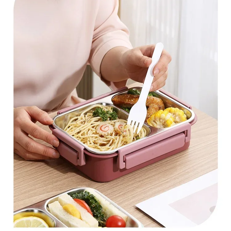 Stainless Steel Bento Lunch Box – three compartments, sauce pot, clip-lock lid