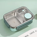 Stainless Steel Bento Lunch Box – three compartments, sauce pot, clip-lock lid