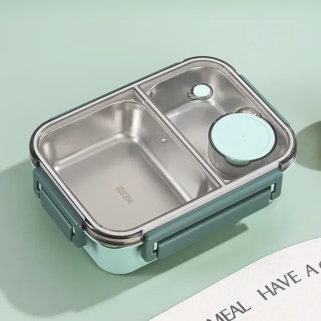 Stainless Steel Bento Lunch Box – three compartments, sauce pot, clip-lock lid