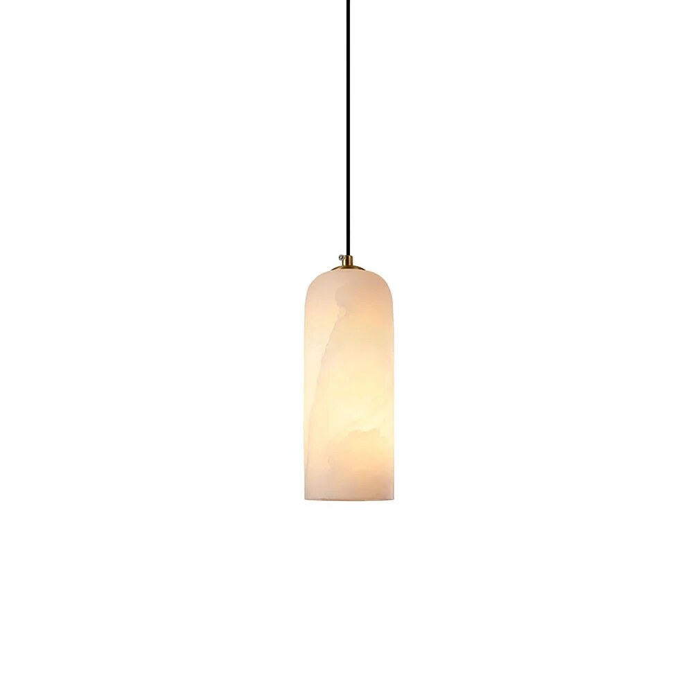 Alabaster Cylinder Pendant – natural stone, brass accents, hardwired