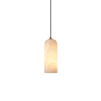 Alabaster Cylinder Pendant – natural stone, brass accents, hardwired
