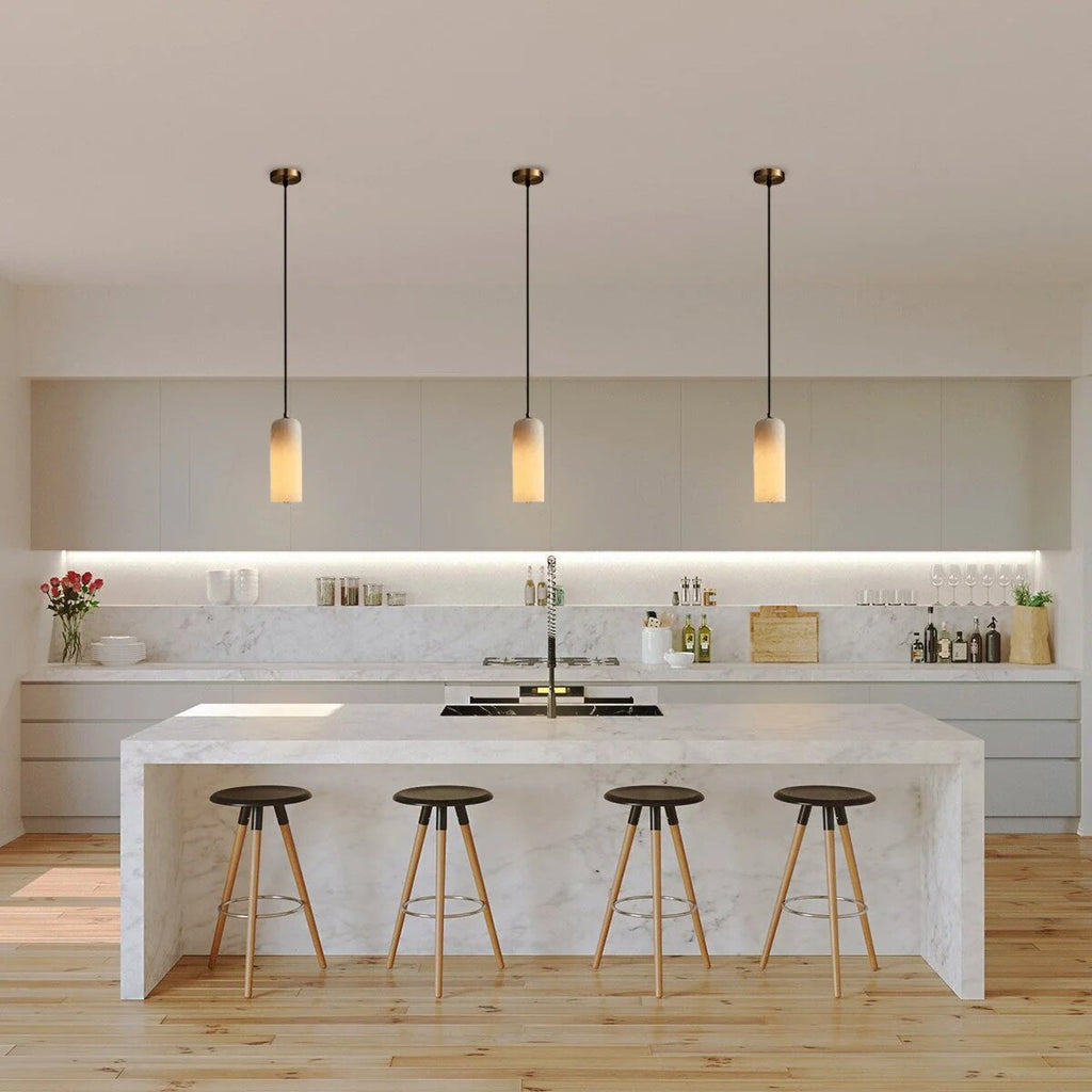 Alabaster Cylinder Pendant – natural stone, brass accents, hardwired