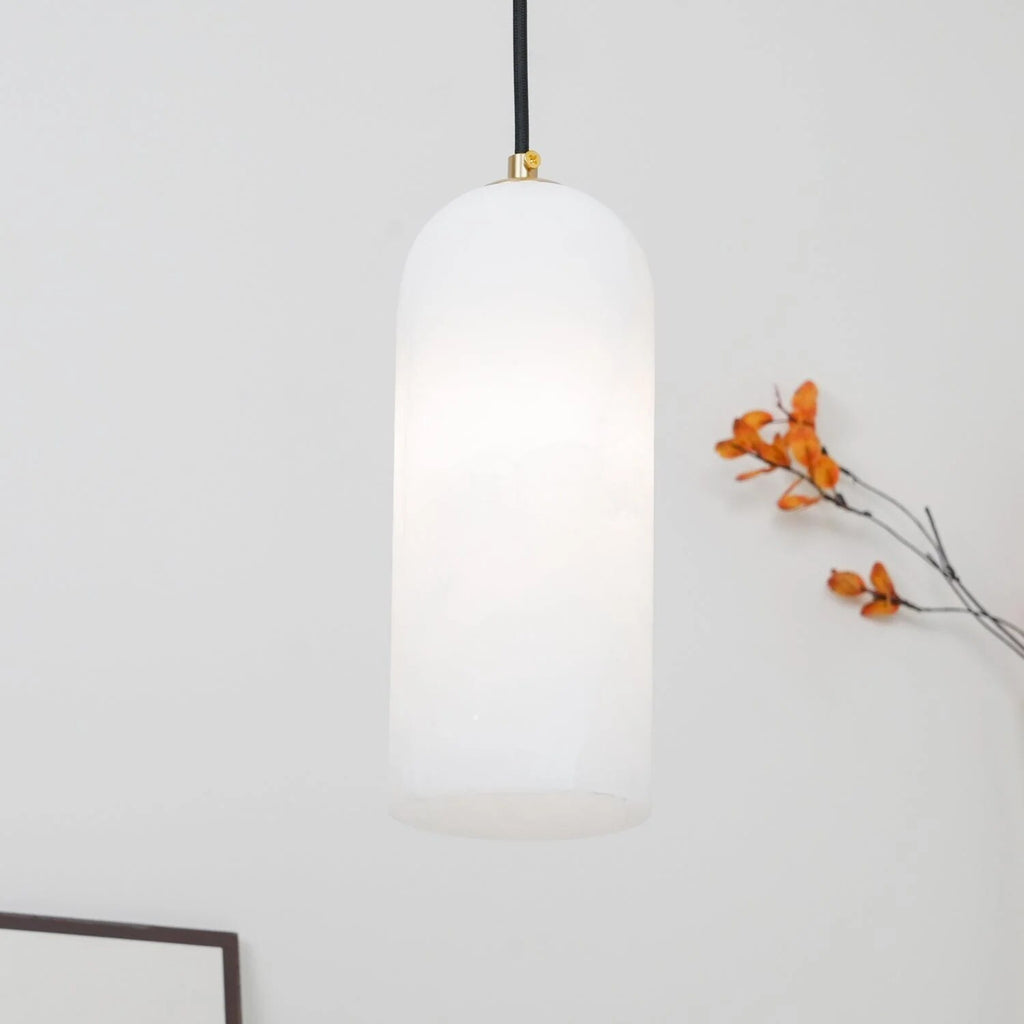 Alabaster Cylinder Pendant – natural stone, brass accents, hardwired